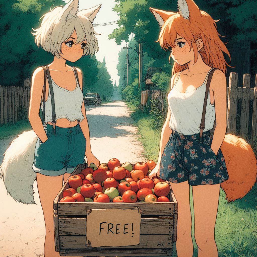 Applepocalypse - My, Neural network art, Anime art, Art, Girls, Нейронные сети, Anime, Original character, Kitsune, Animal ears, Tail, Redheads, Freckles, Apples, Harvest, Ginger & White, Longpost