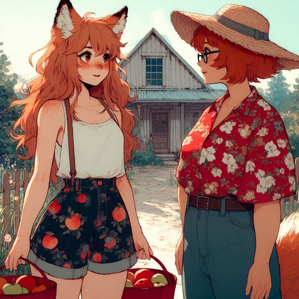 Applepocalypse - My, Neural network art, Anime art, Art, Girls, Нейронные сети, Anime, Original character, Kitsune, Animal ears, Tail, Redheads, Freckles, Apples, Harvest, Ginger & White, Longpost