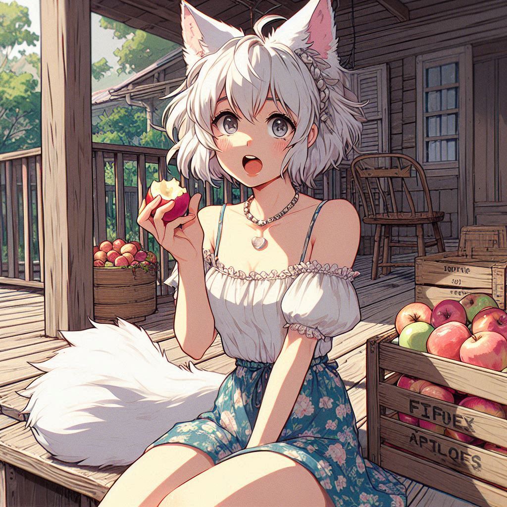 Applepocalypse - My, Neural network art, Anime art, Art, Girls, Нейронные сети, Anime, Original character, Kitsune, Animal ears, Tail, Redheads, Freckles, Apples, Harvest, Ginger & White, Longpost