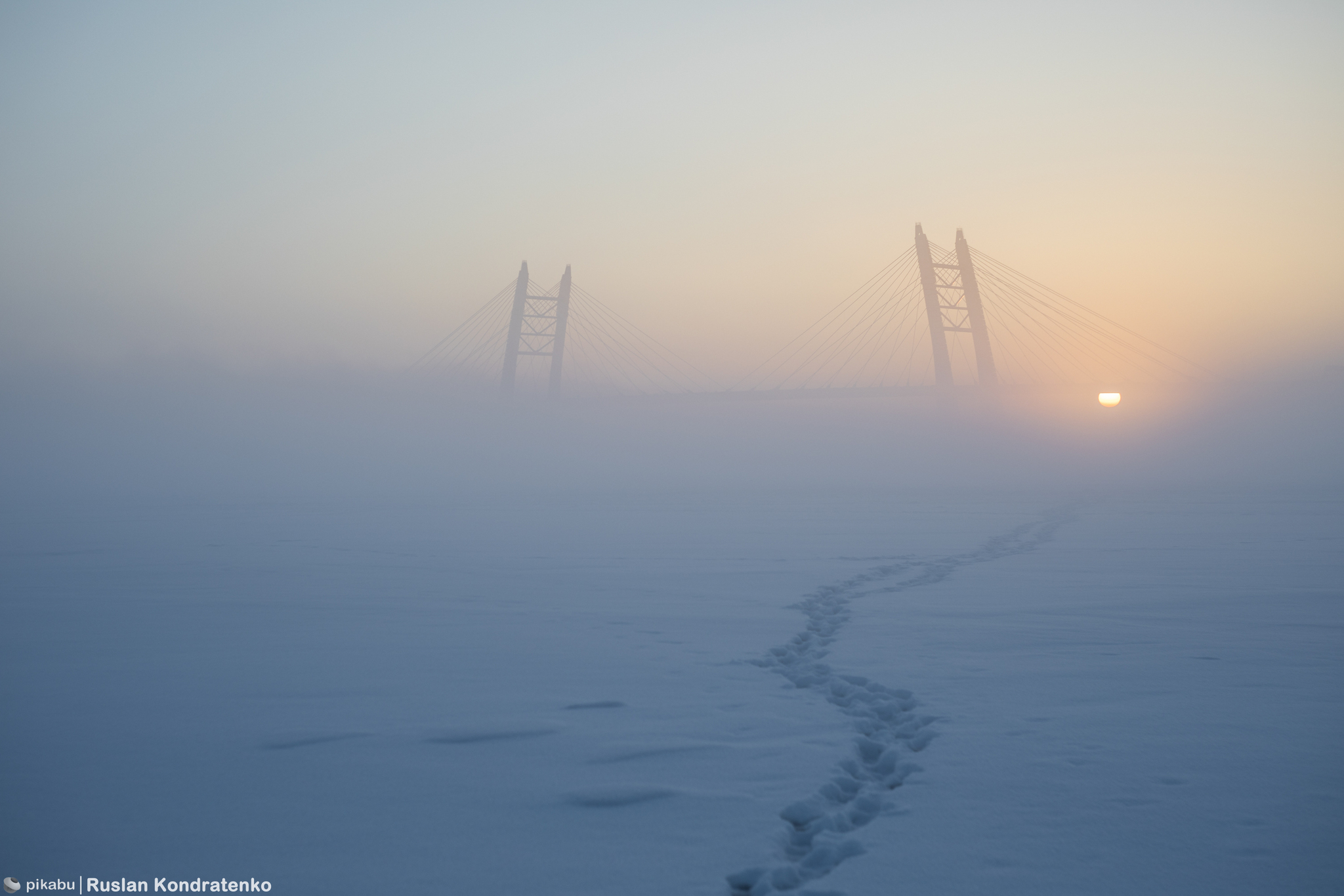 Winter fog near the Korabelny fairway and cable-stayed bridge - My, The photo, Canon, Saint Petersburg, Town, Evening, Sunset, Cable-stayed bridge, Longpost