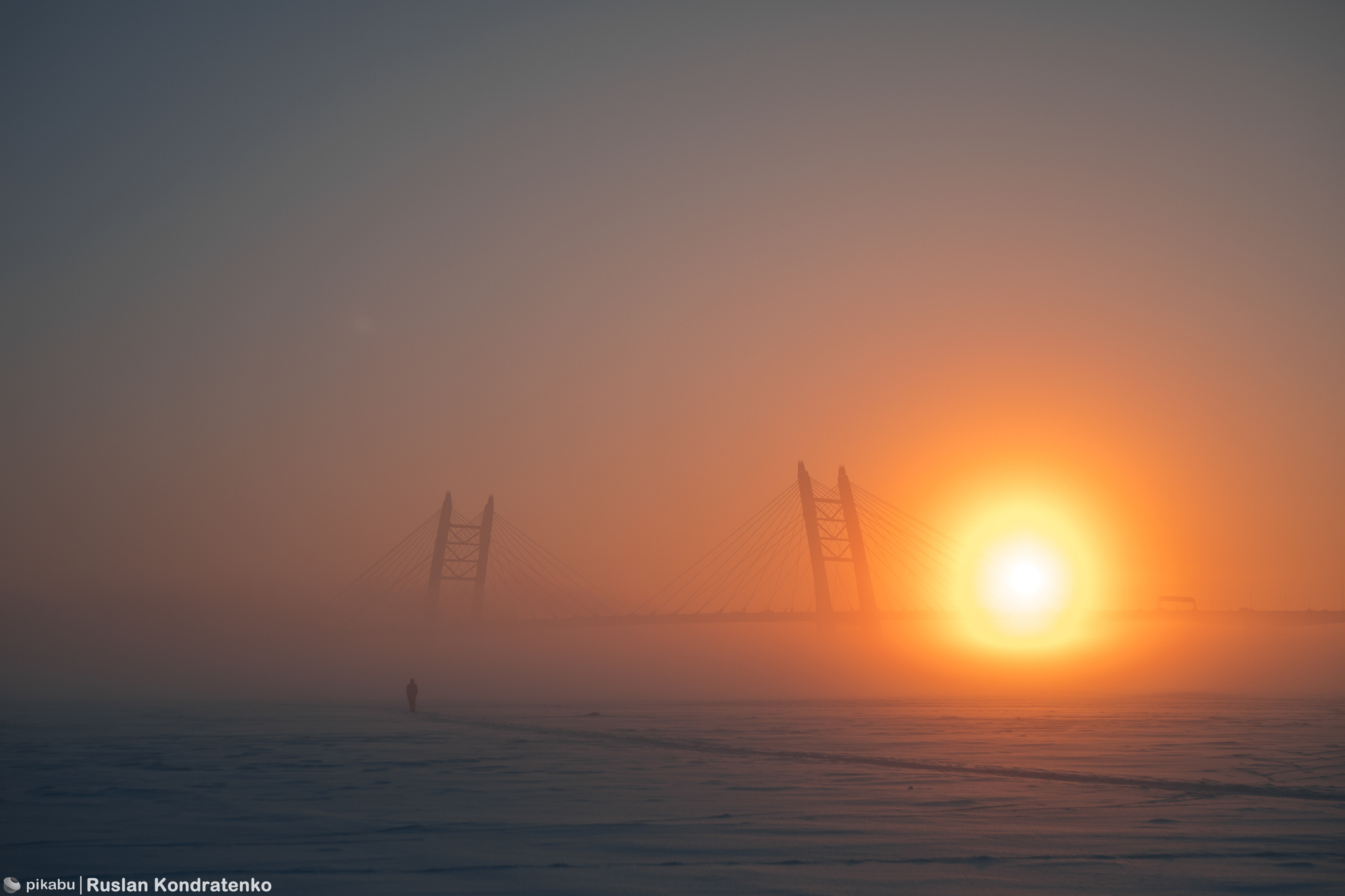 Winter fog near the Korabelny fairway and cable-stayed bridge - My, The photo, Canon, Saint Petersburg, Town, Evening, Sunset, Cable-stayed bridge, Longpost