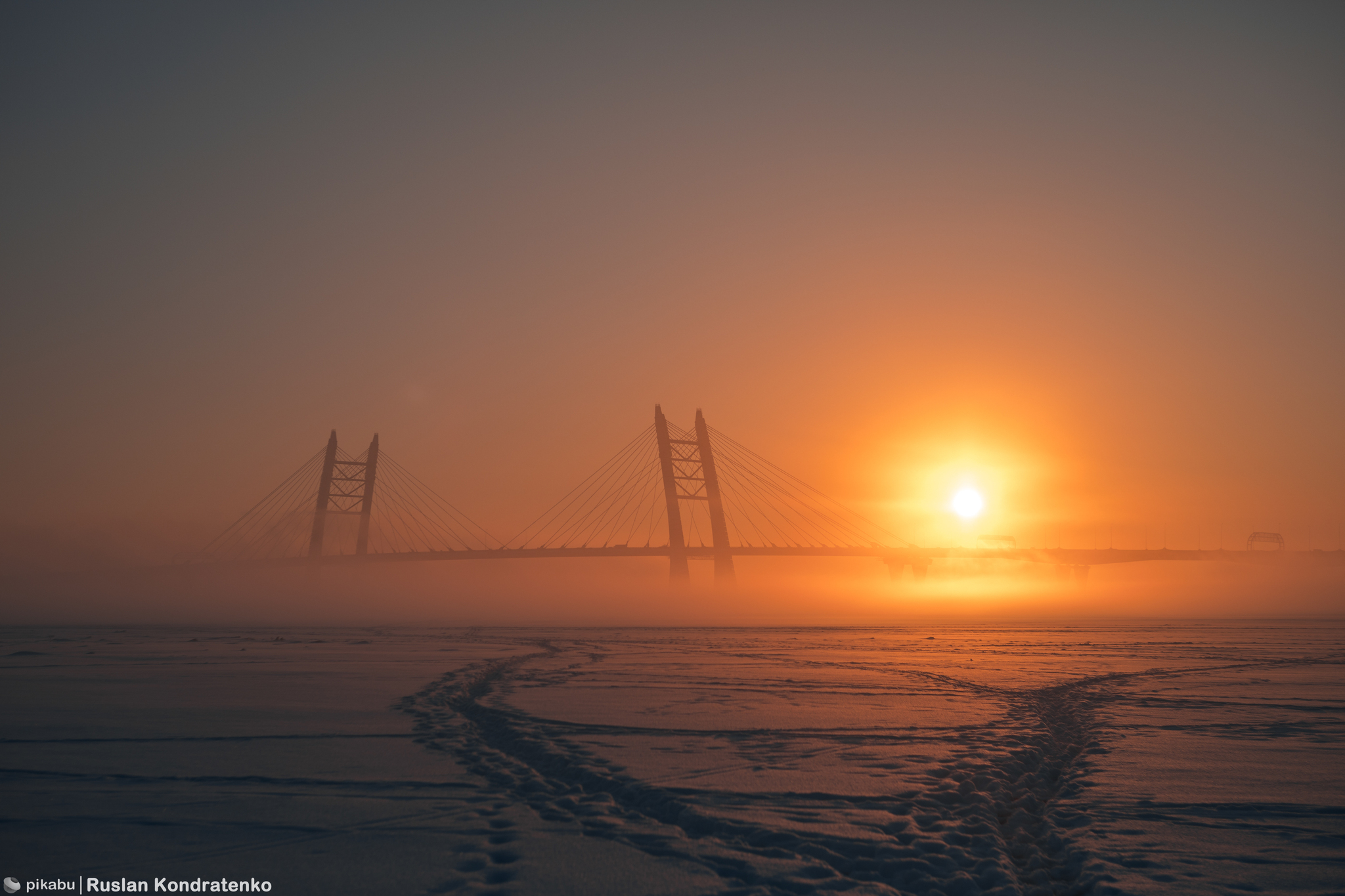 Winter fog near the Korabelny fairway and cable-stayed bridge - My, The photo, Canon, Saint Petersburg, Town, Evening, Sunset, Cable-stayed bridge, Longpost