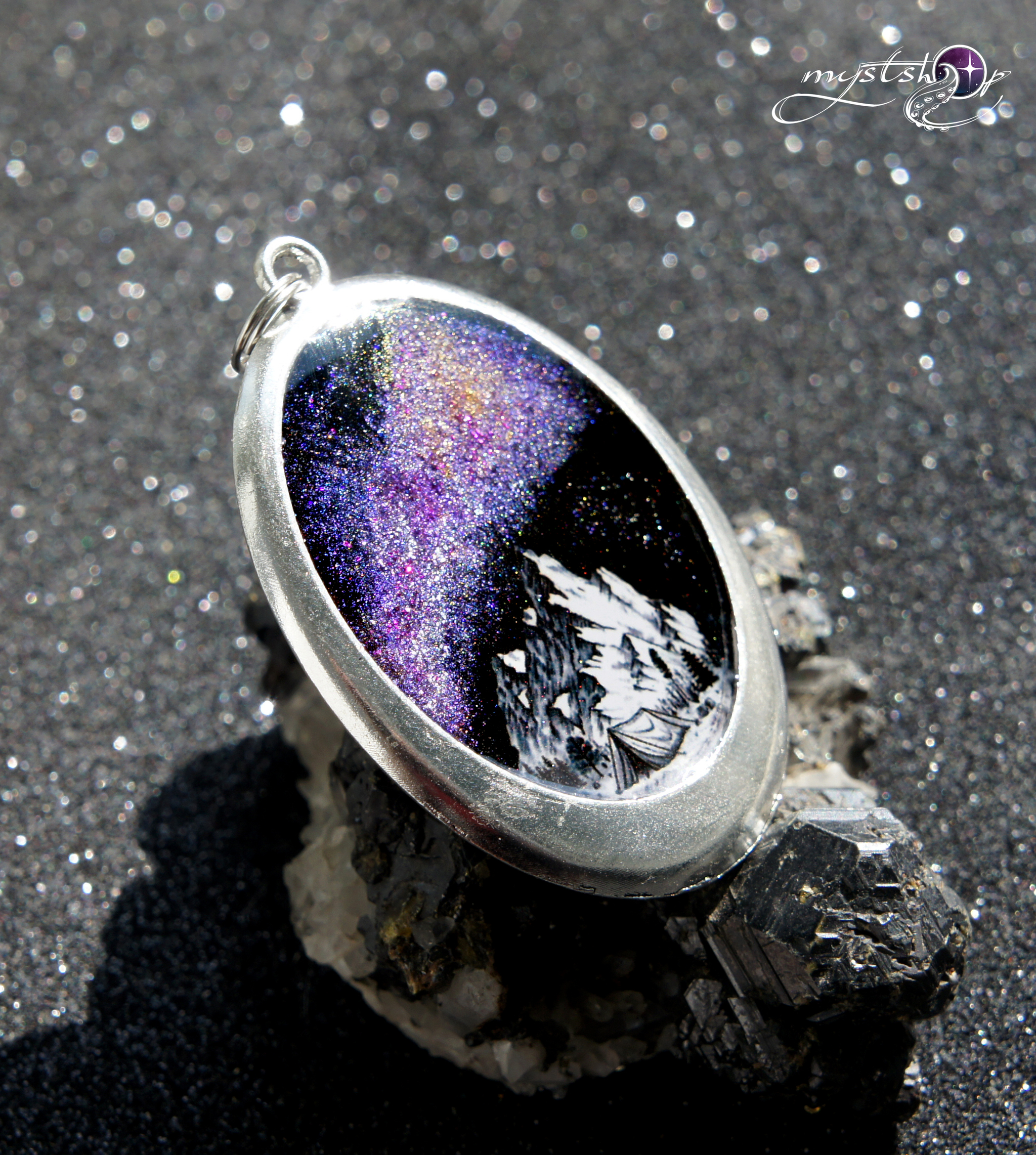 Pendant Mountains and space - My, Needlework without process, Epoxy resin, Space, Milky Way, Galaxy, The mountains, Starry sky, Longpost