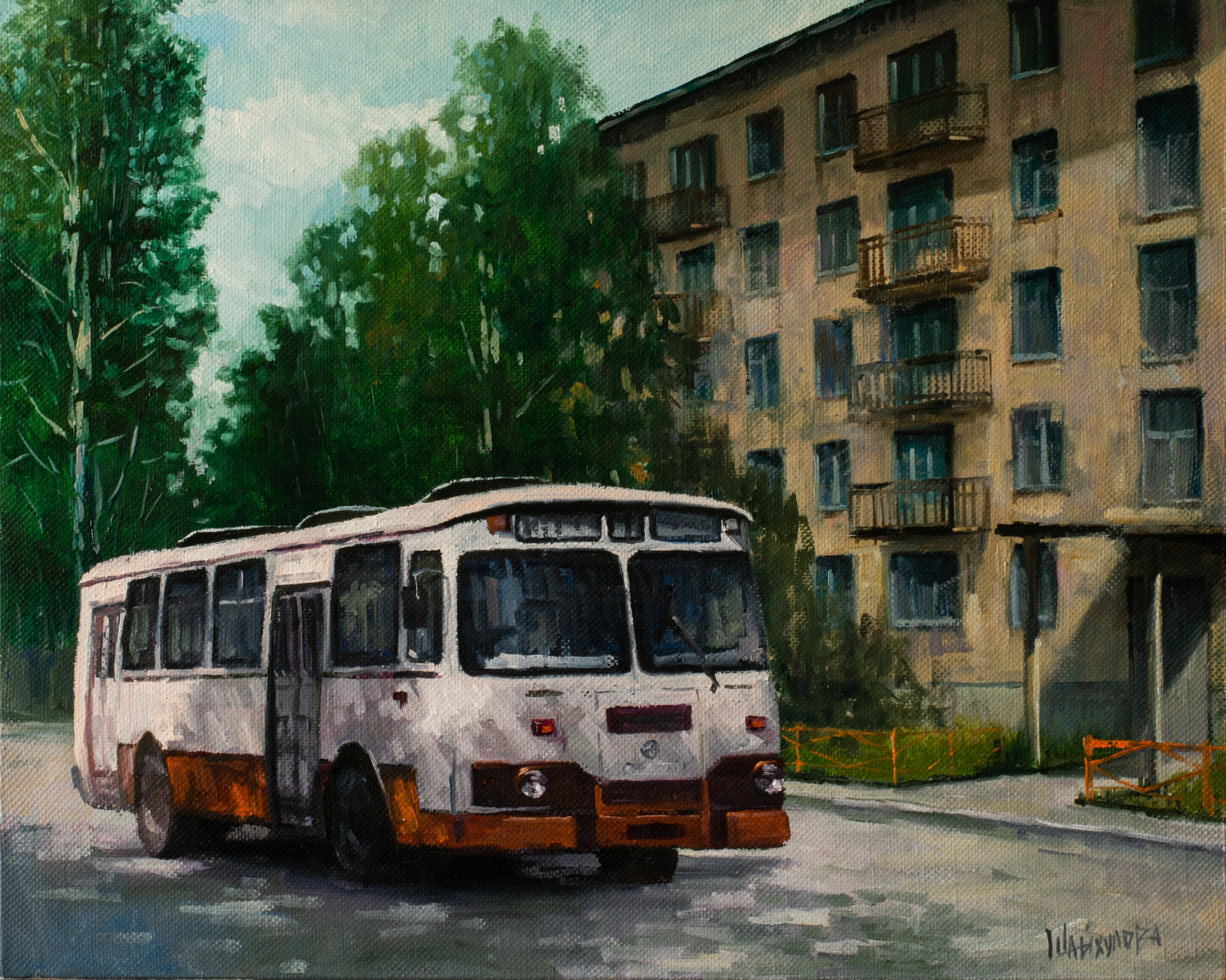 Old buses in my painting - My, Art, Drawing, Creation, Landscape, Painting