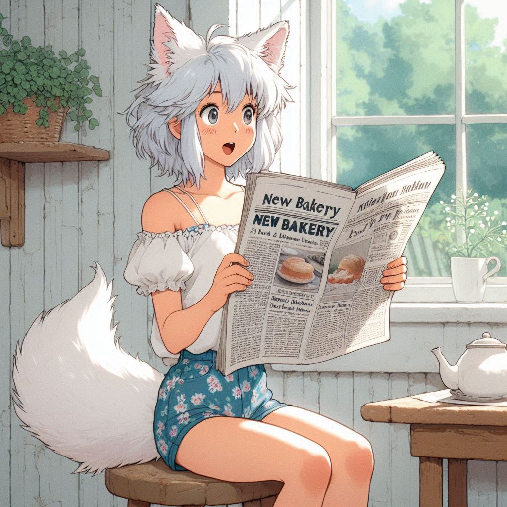 We have opened a new bakery - My, Girls, Нейронные сети, Neural network art, Art, Anime art, Anime, Original character, Kitsune, Animal ears, Tail, Bakery, Summer, Ginger & White, Longpost