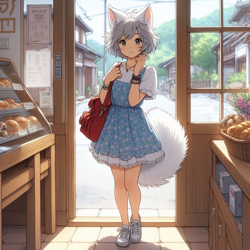 We have opened a new bakery - My, Girls, Нейронные сети, Neural network art, Art, Anime art, Anime, Original character, Kitsune, Animal ears, Tail, Bakery, Summer, Ginger & White, Longpost