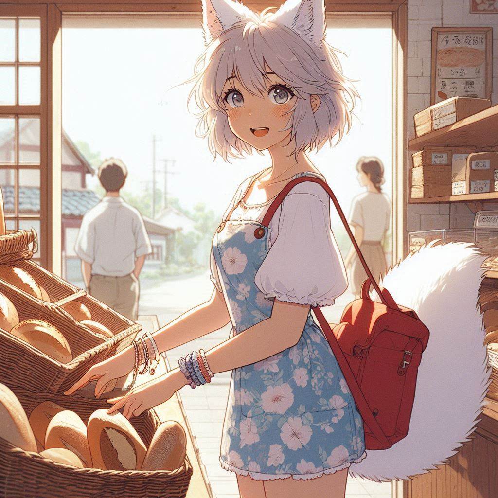 We have opened a new bakery - My, Girls, Нейронные сети, Neural network art, Art, Anime art, Anime, Original character, Kitsune, Animal ears, Tail, Bakery, Summer, Ginger & White, Longpost