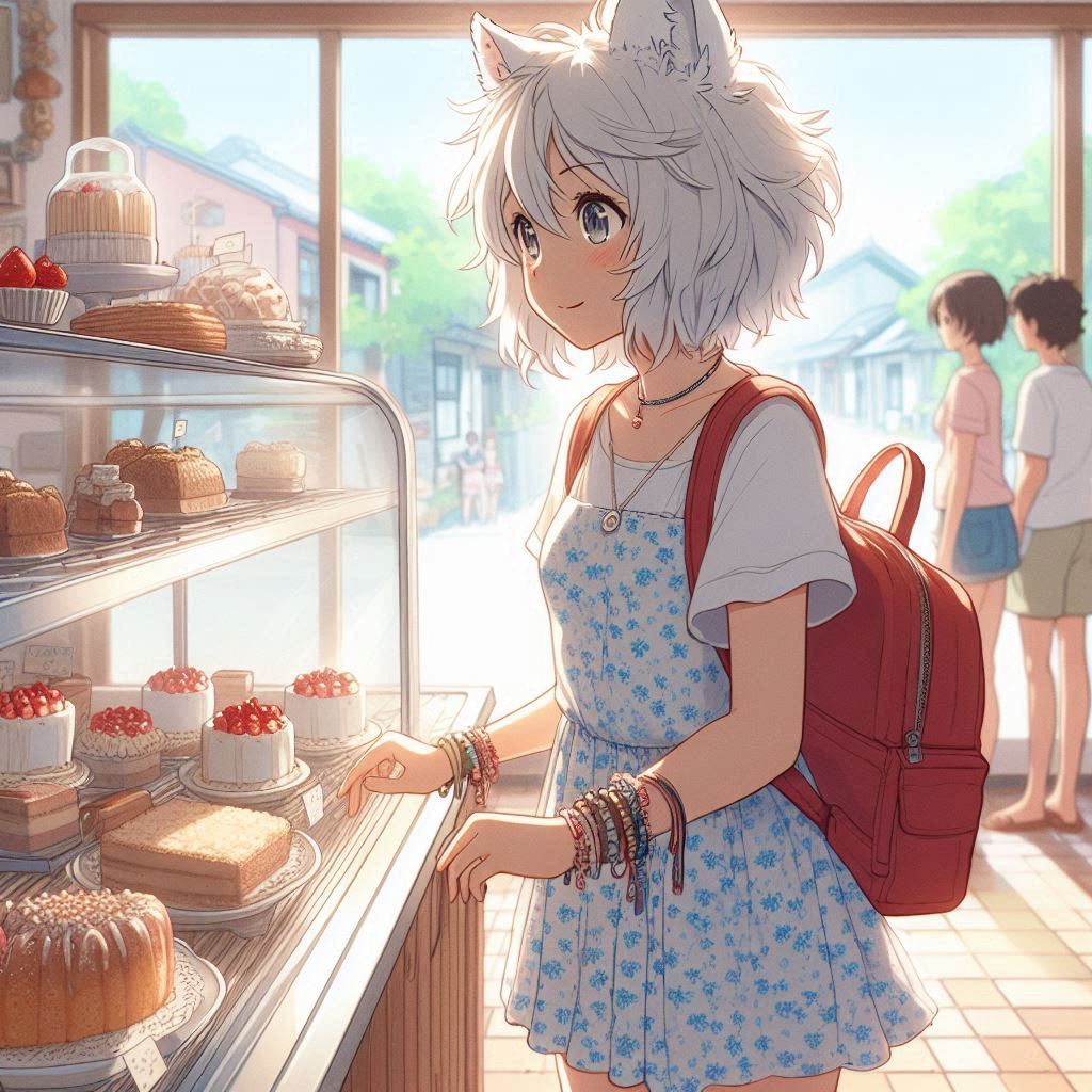 We have opened a new bakery - My, Girls, Нейронные сети, Neural network art, Art, Anime art, Anime, Original character, Kitsune, Animal ears, Tail, Bakery, Summer, Ginger & White, Longpost