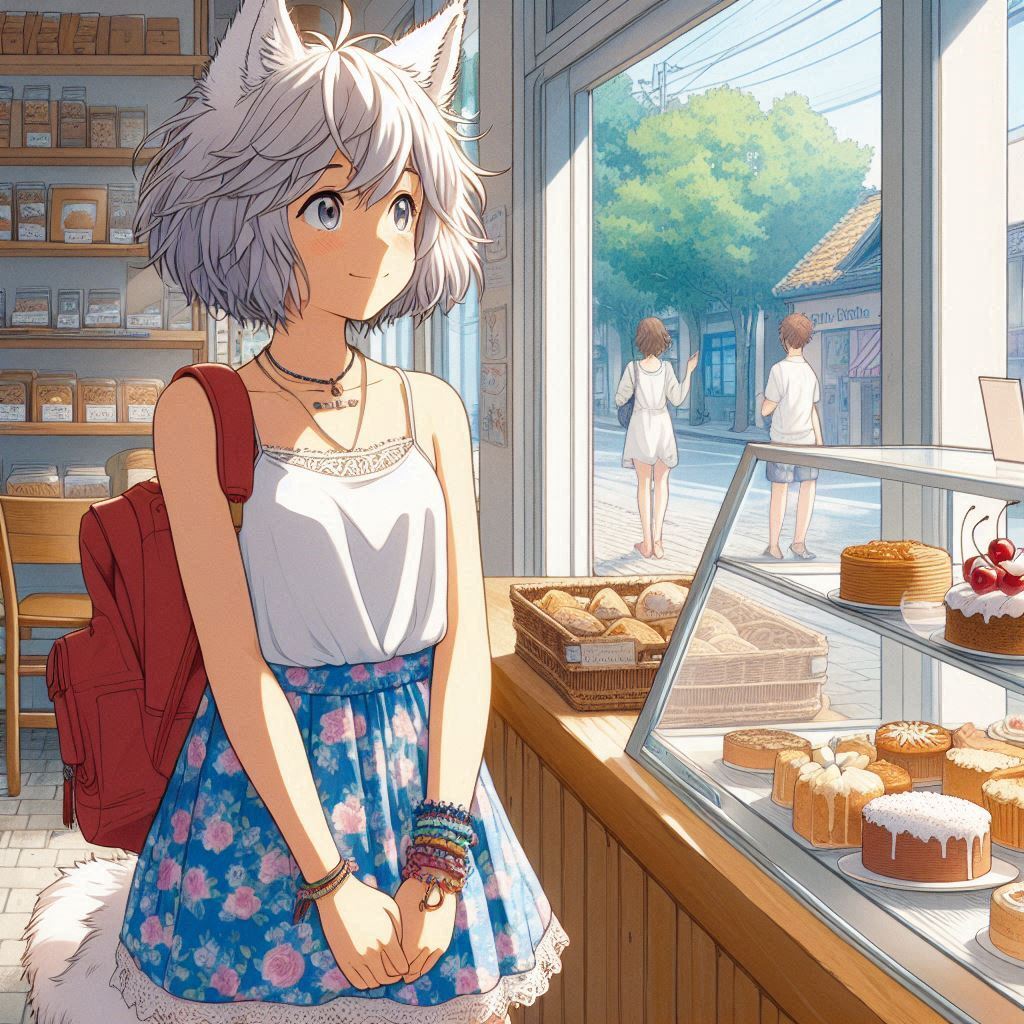 We have opened a new bakery - My, Girls, Нейронные сети, Neural network art, Art, Anime art, Anime, Original character, Kitsune, Animal ears, Tail, Bakery, Summer, Ginger & White, Longpost