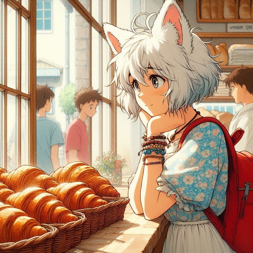 We have opened a new bakery - My, Girls, Нейронные сети, Neural network art, Art, Anime art, Anime, Original character, Kitsune, Animal ears, Tail, Bakery, Summer, Ginger & White, Longpost