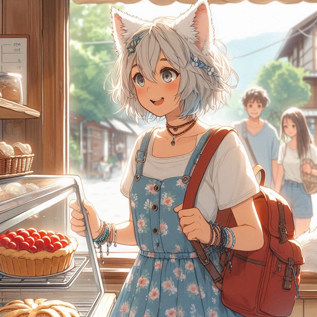 We have opened a new bakery - My, Girls, Нейронные сети, Neural network art, Art, Anime art, Anime, Original character, Kitsune, Animal ears, Tail, Bakery, Summer, Ginger & White, Longpost