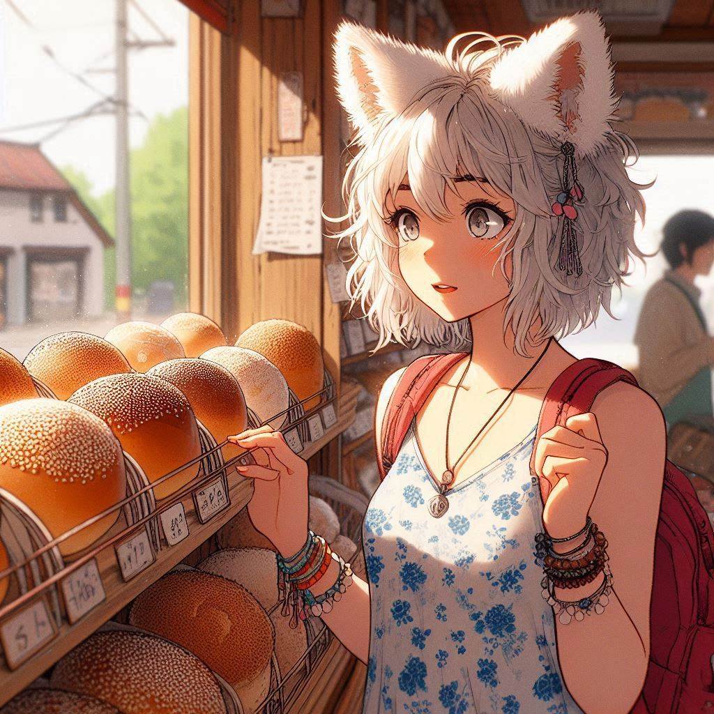 We have opened a new bakery - My, Girls, Нейронные сети, Neural network art, Art, Anime art, Anime, Original character, Kitsune, Animal ears, Tail, Bakery, Summer, Ginger & White, Longpost