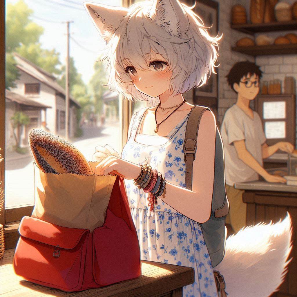 We have opened a new bakery - My, Girls, Нейронные сети, Neural network art, Art, Anime art, Anime, Original character, Kitsune, Animal ears, Tail, Bakery, Summer, Ginger & White, Longpost