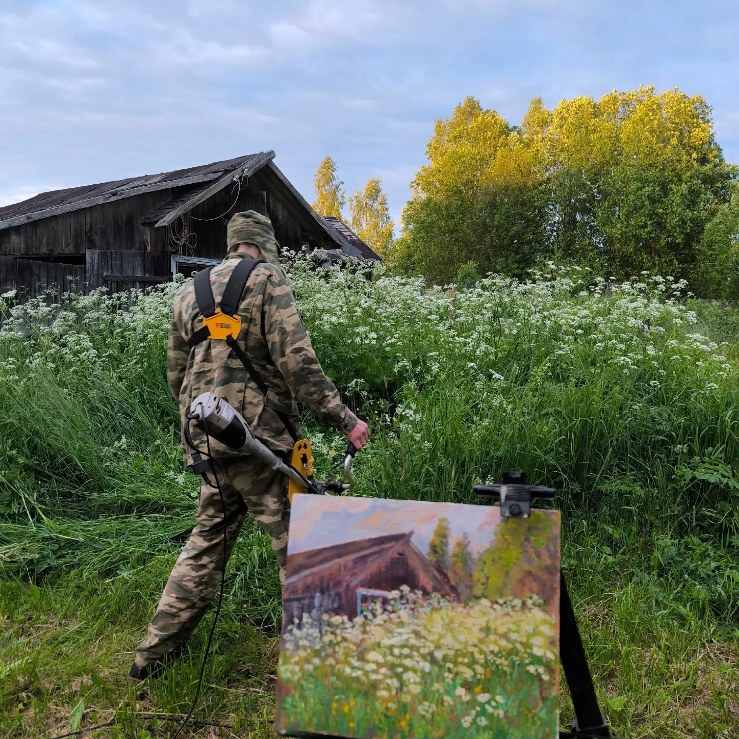 С пленэром не затягивай - Моё, Пленэр, Юмор, Трава у дома, Деревня, Тверская область, Картина маслом, Картина, Длиннопост