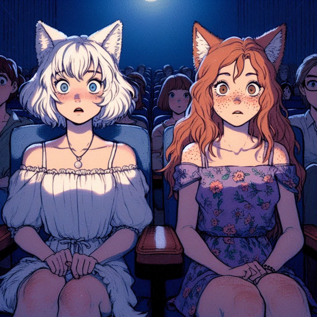 Movie - My, Neural network art, Anime art, Art, Girls, Нейронные сети, Anime, Original character, Kitsune, Animal ears, Tail, The dress, Summer, Movies, Horror, Ginger & White, Longpost