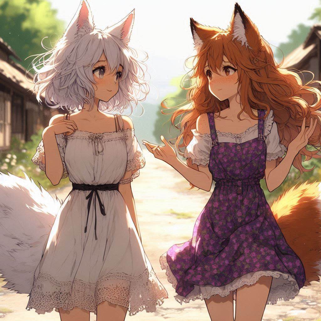 Movie - My, Neural network art, Anime art, Art, Girls, Нейронные сети, Anime, Original character, Kitsune, Animal ears, Tail, The dress, Summer, Movies, Horror, Ginger & White, Longpost