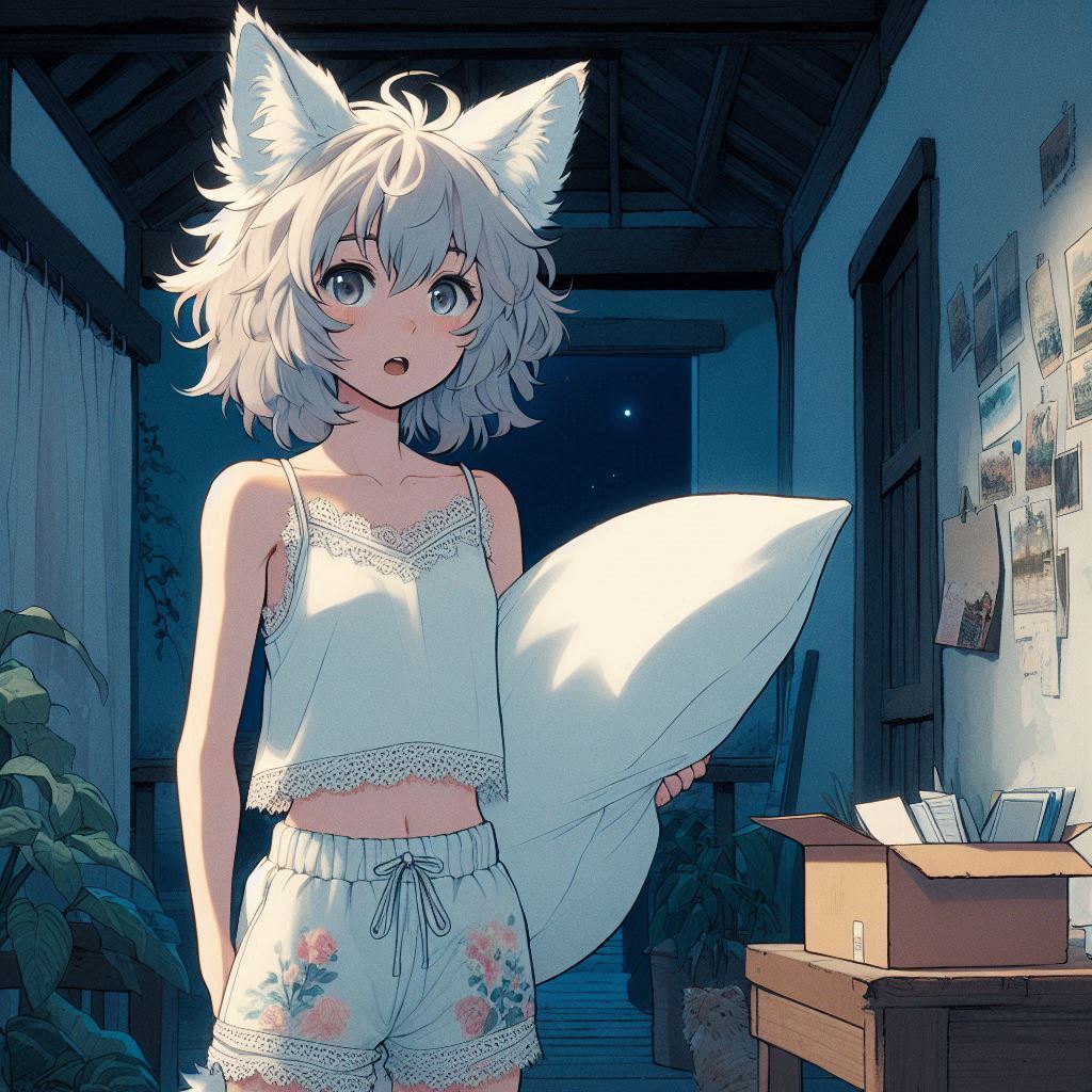 Movie - My, Neural network art, Anime art, Art, Girls, Нейронные сети, Anime, Original character, Kitsune, Animal ears, Tail, The dress, Summer, Movies, Horror, Ginger & White, Longpost