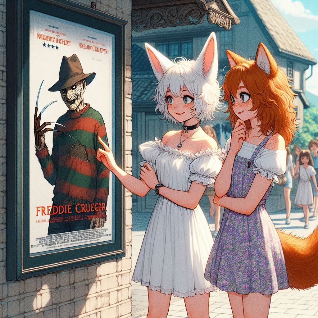 Movie - My, Neural network art, Anime art, Art, Girls, Нейронные сети, Anime, Original character, Kitsune, Animal ears, Tail, The dress, Summer, Movies, Horror, Ginger & White, Longpost