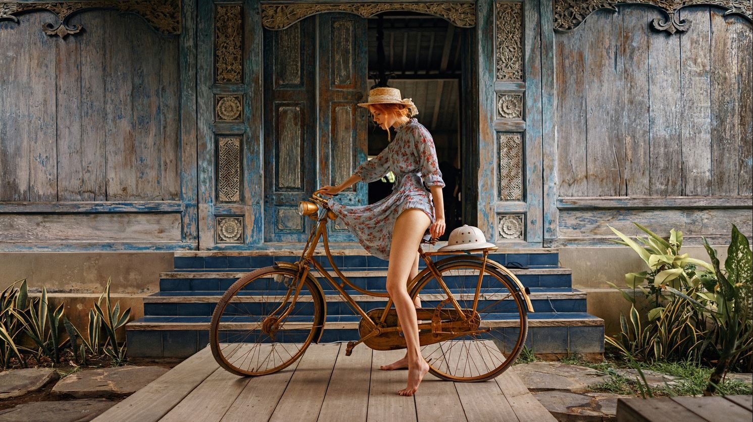 Bicycle, redhead, hat - The photo, Girls, Redheads, A bike, NSFW, Repeat