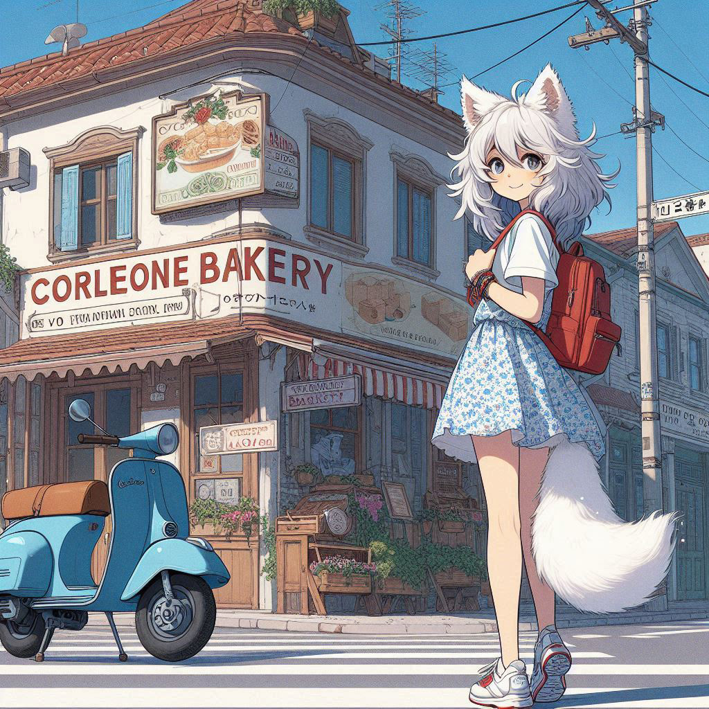 We have opened a new bakery - My, Girls, Нейронные сети, Neural network art, Art, Anime art, Anime, Original character, Kitsune, Animal ears, Tail, Bakery, Summer, Ginger & White, Longpost