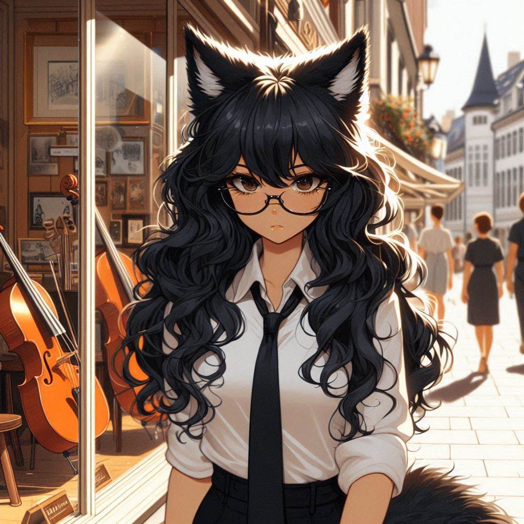 Sarah and the Display Case of Unpleasant Memories - My, Art, Neural network art, Нейронные сети, Girls, Anime art, Anime, Original character, Kitsune, Animal ears, Tail, Memories, Cello, Ginger & White, Longpost