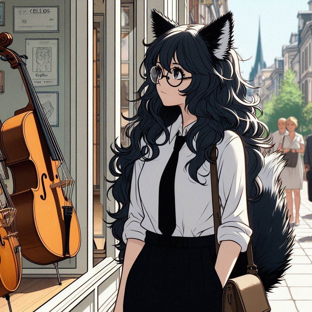 Sarah and the Display Case of Unpleasant Memories - My, Art, Neural network art, Нейронные сети, Girls, Anime art, Anime, Original character, Kitsune, Animal ears, Tail, Memories, Cello, Ginger & White, Longpost