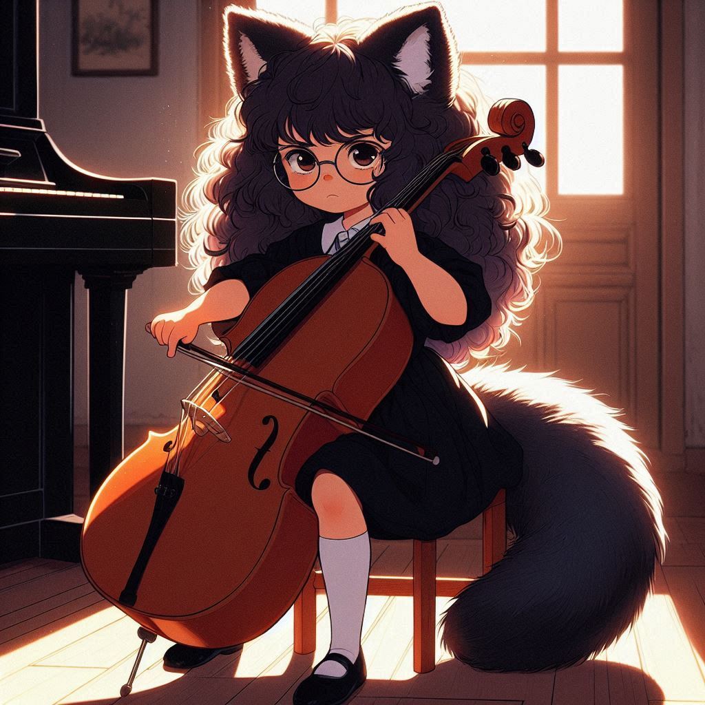 Sarah and the Display Case of Unpleasant Memories - My, Art, Neural network art, Нейронные сети, Girls, Anime art, Anime, Original character, Kitsune, Animal ears, Tail, Memories, Cello, Ginger & White, Longpost