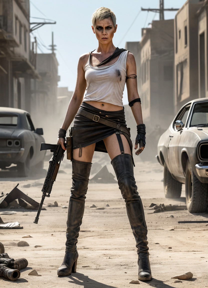 FURIOSA. MAD MAX - My, Neural network art, 3D, Mad Max: Fury Road, Art, Post apocalypse, Mini skirt, Stockings, Charlize Theron, Car, Firearms, Blonde, Brunette, Boots, Longpost