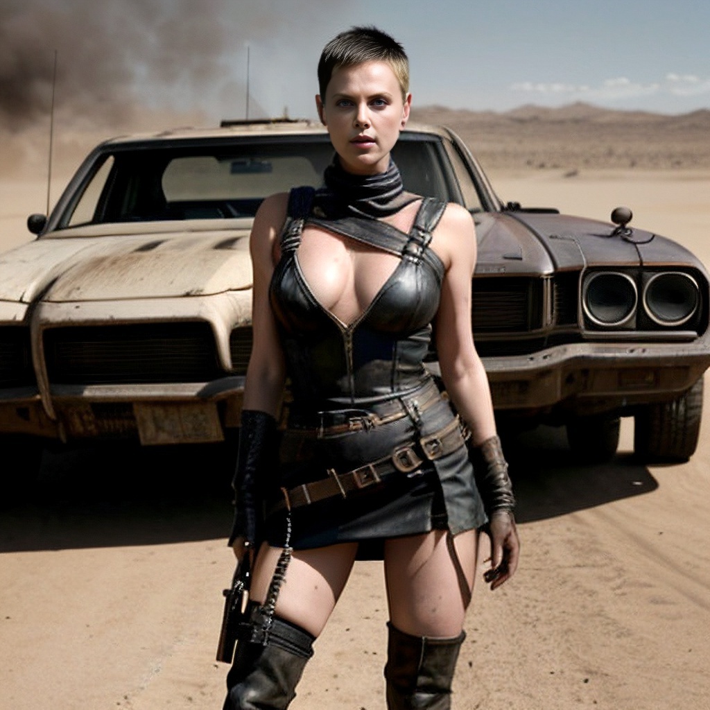 FURIOSA. MAD MAX - My, Neural network art, 3D, Mad Max: Fury Road, Art, Post apocalypse, Mini skirt, Stockings, Charlize Theron, Car, Firearms, Blonde, Brunette, Boots, Longpost