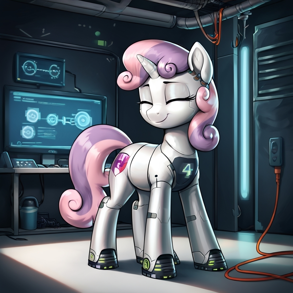 Sweetie Bot! - Моё, Арты нейросетей, My Little Pony, PonyArt, Sweetie Belle, Sweetie Bot, Длиннопост