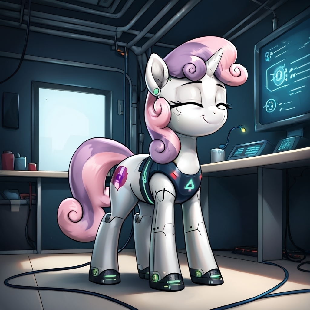 Sweetie Bot! - Моё, Арты нейросетей, My Little Pony, PonyArt, Sweetie Belle, Sweetie Bot, Длиннопост