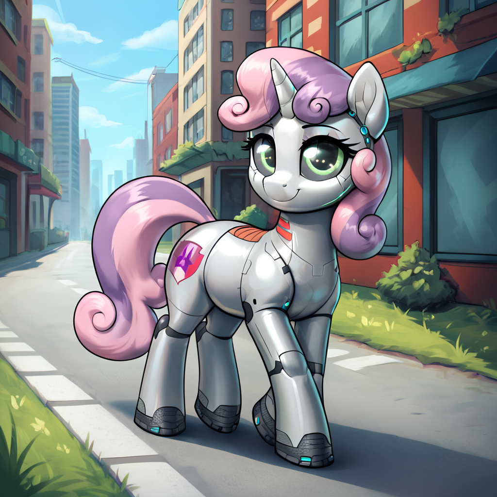 Sweetie Bot! - Моё, Арты нейросетей, My Little Pony, PonyArt, Sweetie Belle, Sweetie Bot, Длиннопост