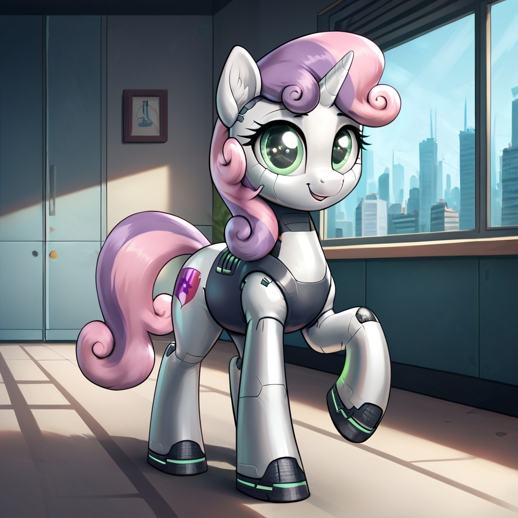 Sweetie Bot! - Моё, Арты нейросетей, My Little Pony, PonyArt, Sweetie Belle, Sweetie Bot, Длиннопост