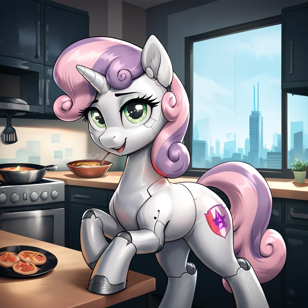 Sweetie Bot! - Моё, Арты нейросетей, My Little Pony, PonyArt, Sweetie Belle, Sweetie Bot, Длиннопост