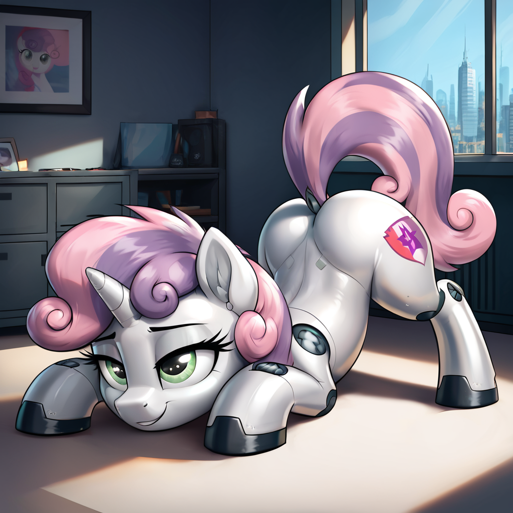 Sweetie Bot! - Моё, Арты нейросетей, My Little Pony, PonyArt, Sweetie Belle, Sweetie Bot, Длиннопост