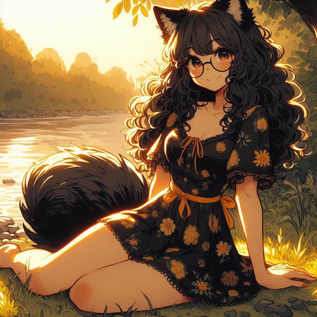 Sarah and the Weekend Evening - My, Art, Neural network art, Нейронные сети, Girls, Anime art, Anime, Original character, Kitsune, Animal ears, Tail, Swimsuit, The dress, Sunset, Nature, Relaxation, Ginger & White, Longpost