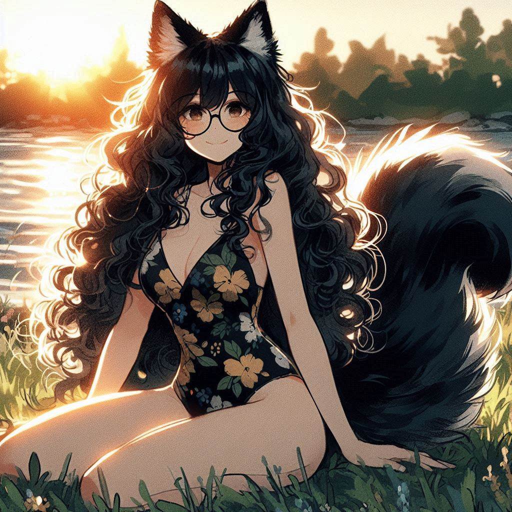 Sarah and the Weekend Evening - My, Art, Neural network art, Нейронные сети, Girls, Anime art, Anime, Original character, Kitsune, Animal ears, Tail, Swimsuit, The dress, Sunset, Nature, Relaxation, Ginger & White, Longpost