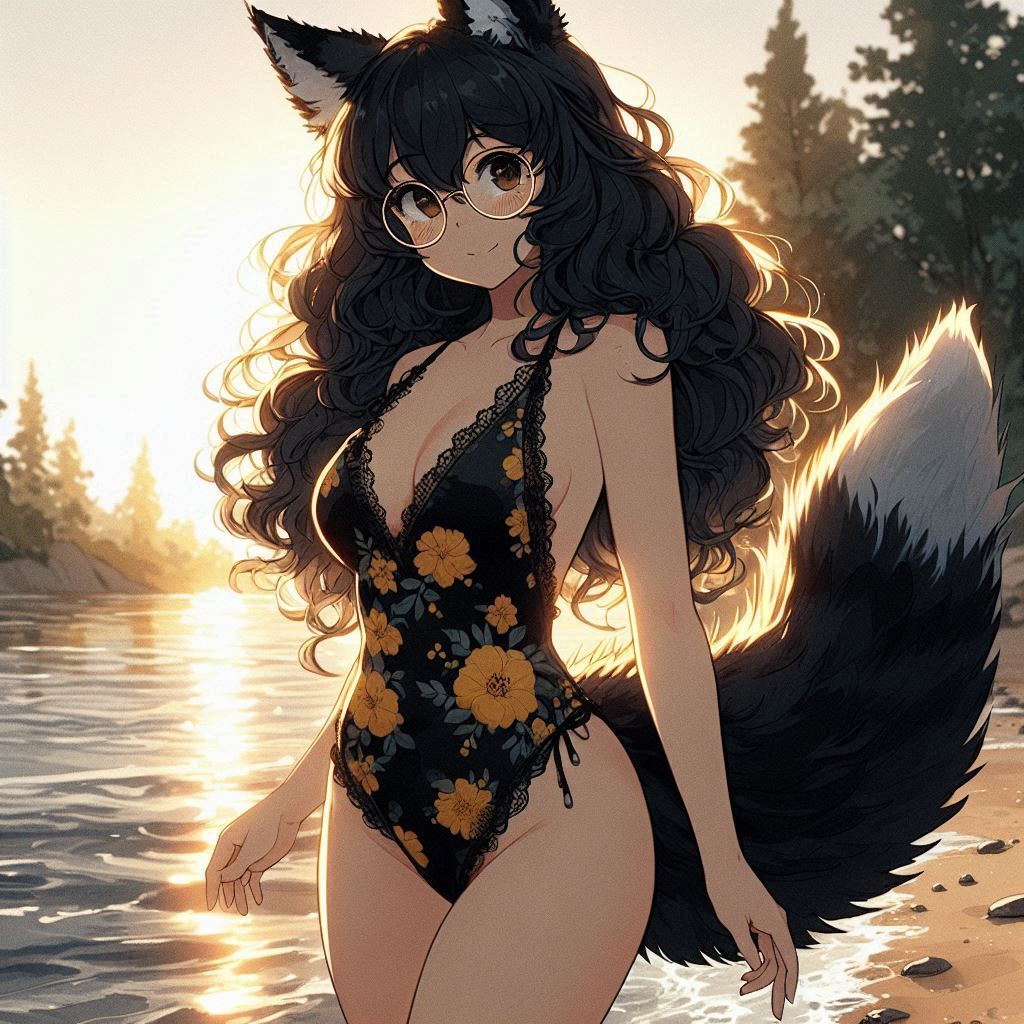 Sarah and the Weekend Evening - My, Art, Neural network art, Нейронные сети, Girls, Anime art, Anime, Original character, Kitsune, Animal ears, Tail, Swimsuit, The dress, Sunset, Nature, Relaxation, Ginger & White, Longpost