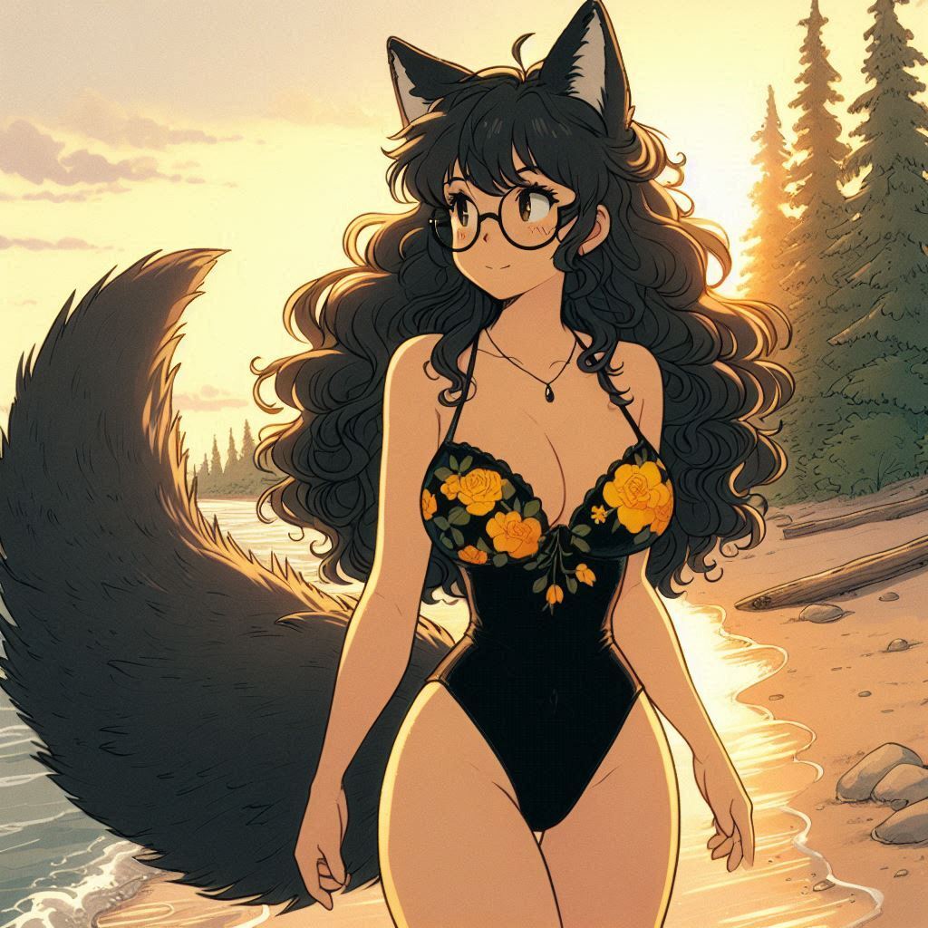 Sarah and the Weekend Evening - My, Art, Neural network art, Нейронные сети, Girls, Anime art, Anime, Original character, Kitsune, Animal ears, Tail, Swimsuit, The dress, Sunset, Nature, Relaxation, Ginger & White, Longpost