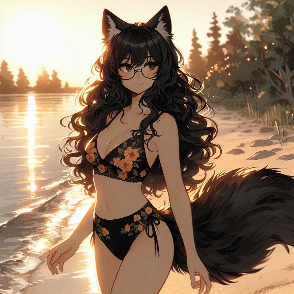 Sarah and the Weekend Evening - My, Art, Neural network art, Нейронные сети, Girls, Anime art, Anime, Original character, Kitsune, Animal ears, Tail, Swimsuit, The dress, Sunset, Nature, Relaxation, Ginger & White, Longpost