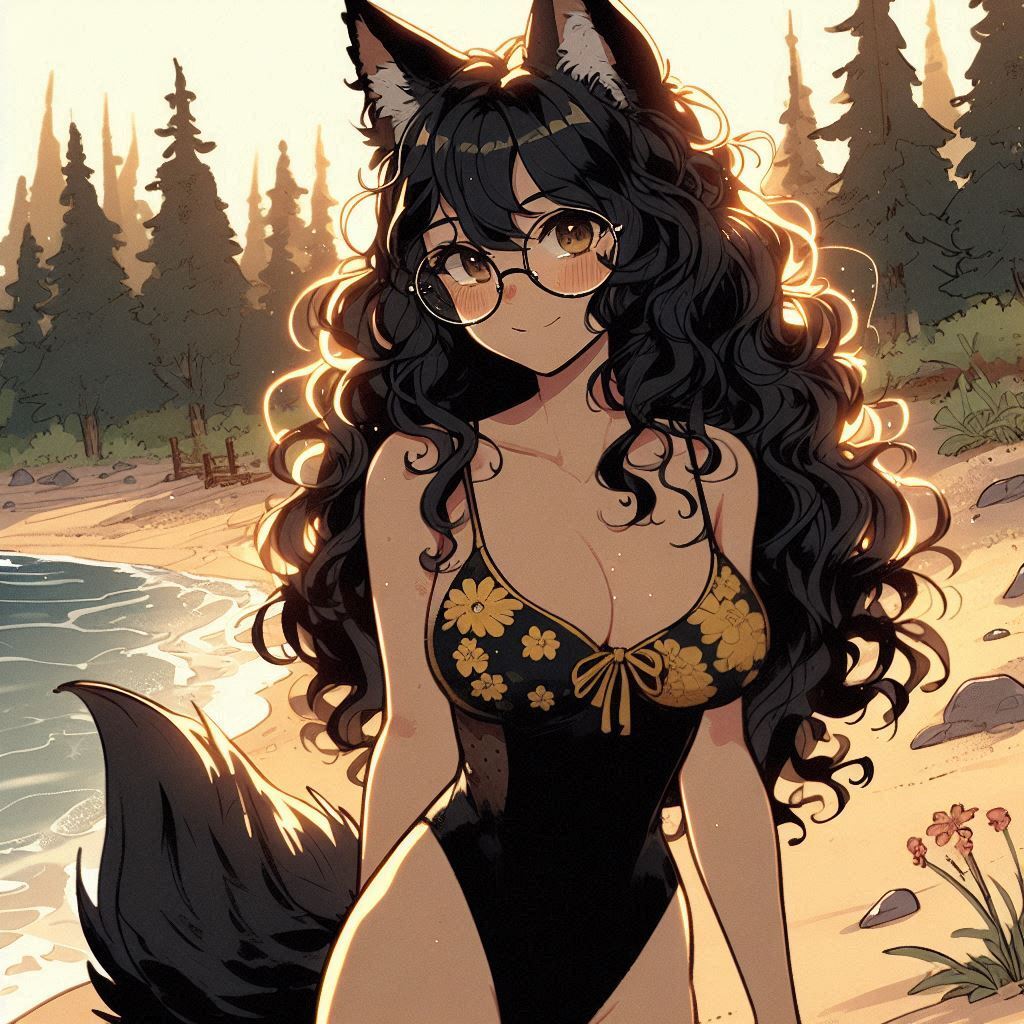 Sarah and the Weekend Evening - My, Art, Neural network art, Нейронные сети, Girls, Anime art, Anime, Original character, Kitsune, Animal ears, Tail, Swimsuit, The dress, Sunset, Nature, Relaxation, Ginger & White, Longpost