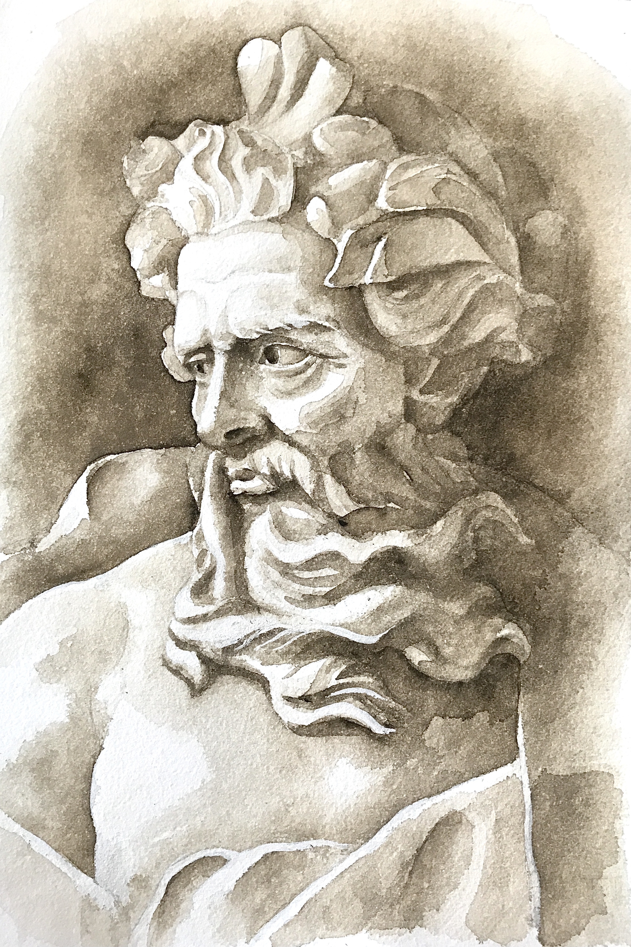 Watercolor vs. Graphic - My, Beginner artist, Watercolor, Graphics, Academic Drawing, Sculpture, Neptune, Longpost, Grisaille