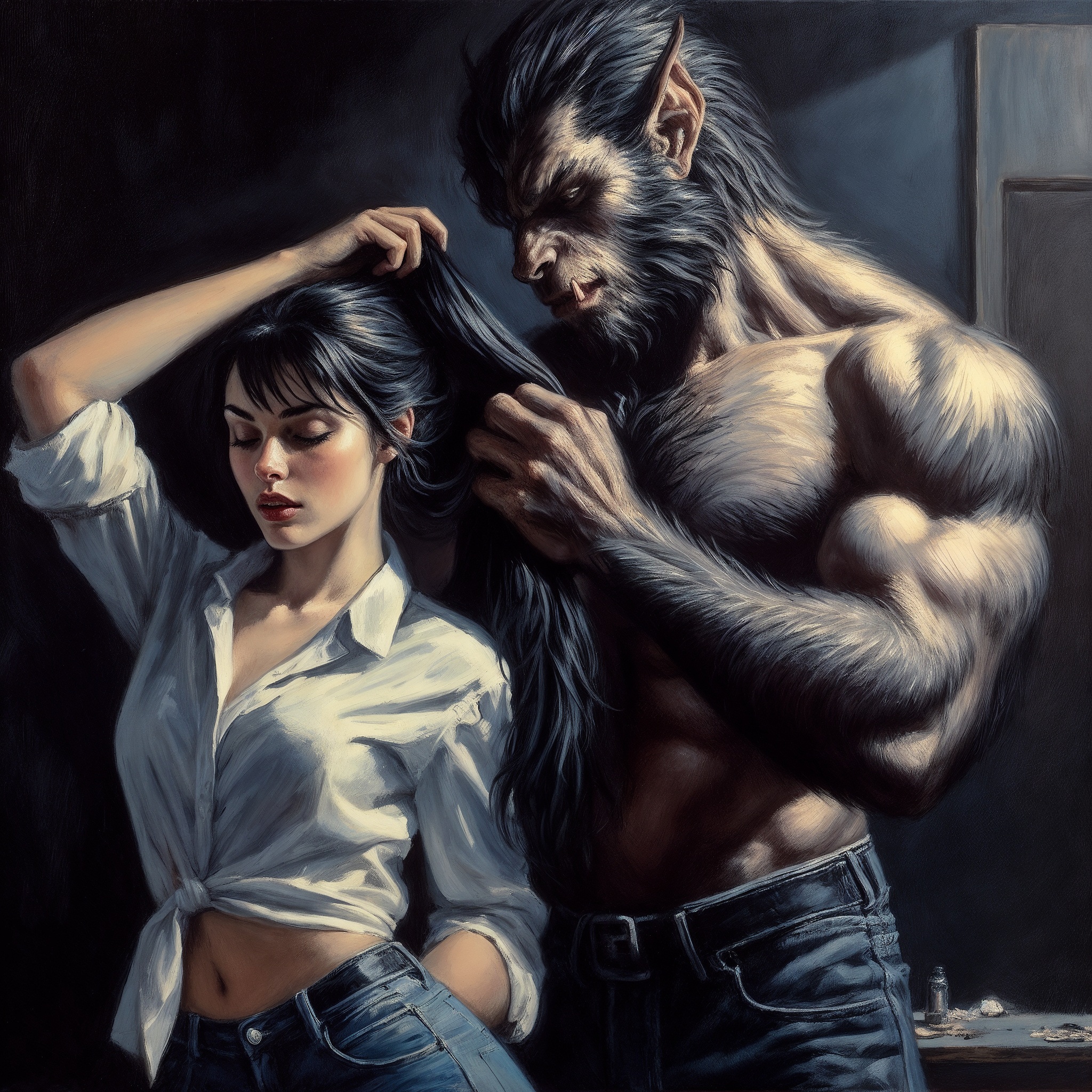 Werewolf love - Neural network art, Illustrations, Art, Lady, Dall-e, Werewolves, Passion, Desktop wallpaper, 2D, Game art, Longpost