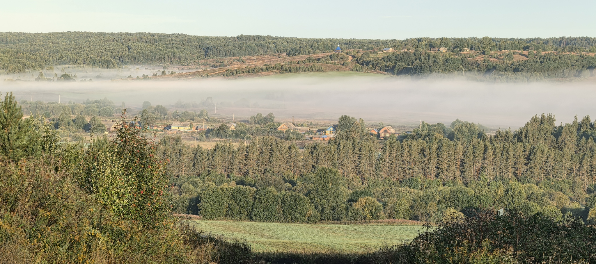 Morning in the village on the mountain - Village, Morning, Fog, Chapel, Sea