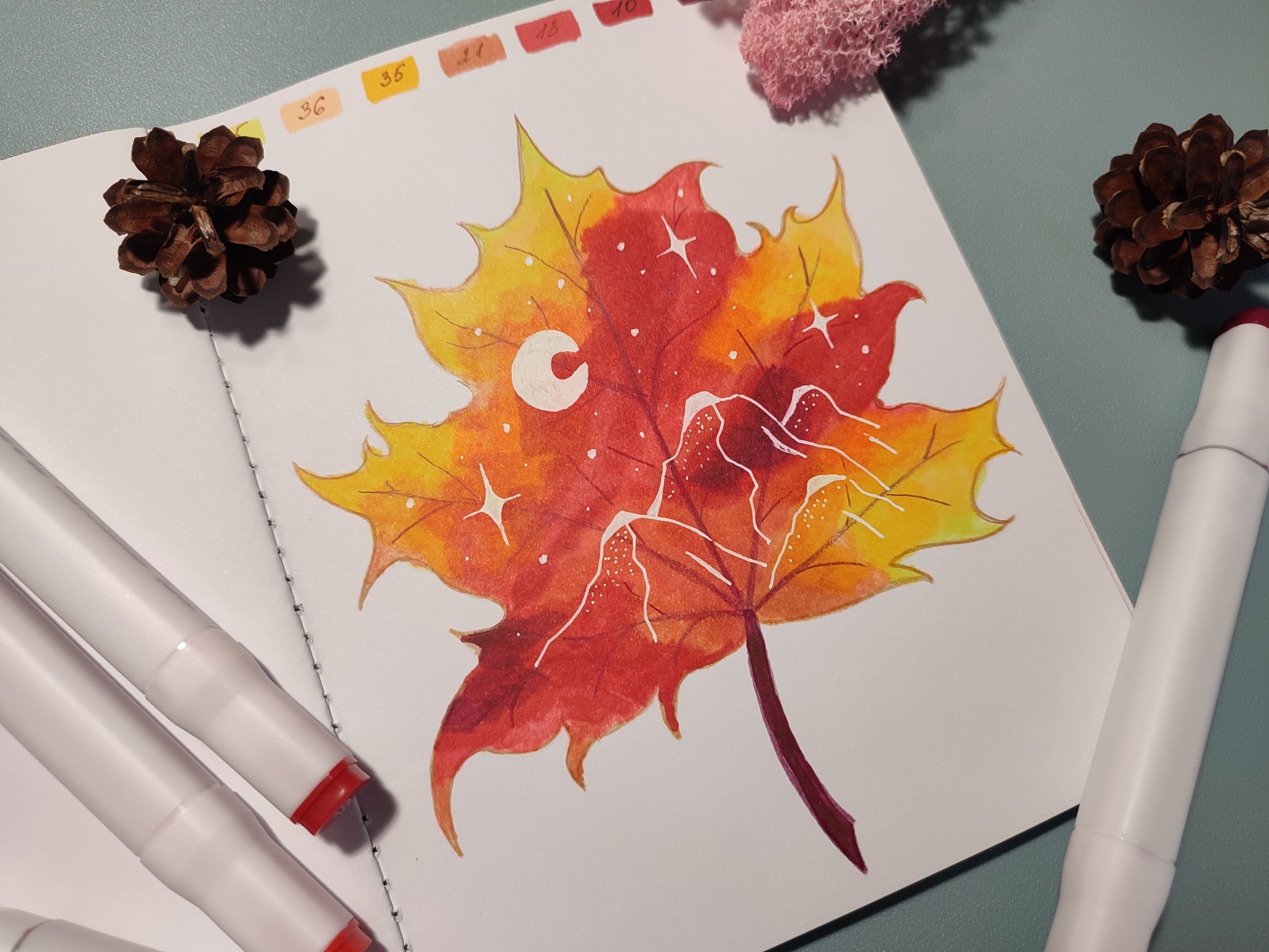 How to draw a maple leaf with alcohol markers? - My, Painting, Drawing, Drawing process, Sketchbook, Sketch, Alcohol markers, Video lessons, Art, Traditional art, Video, Youtube