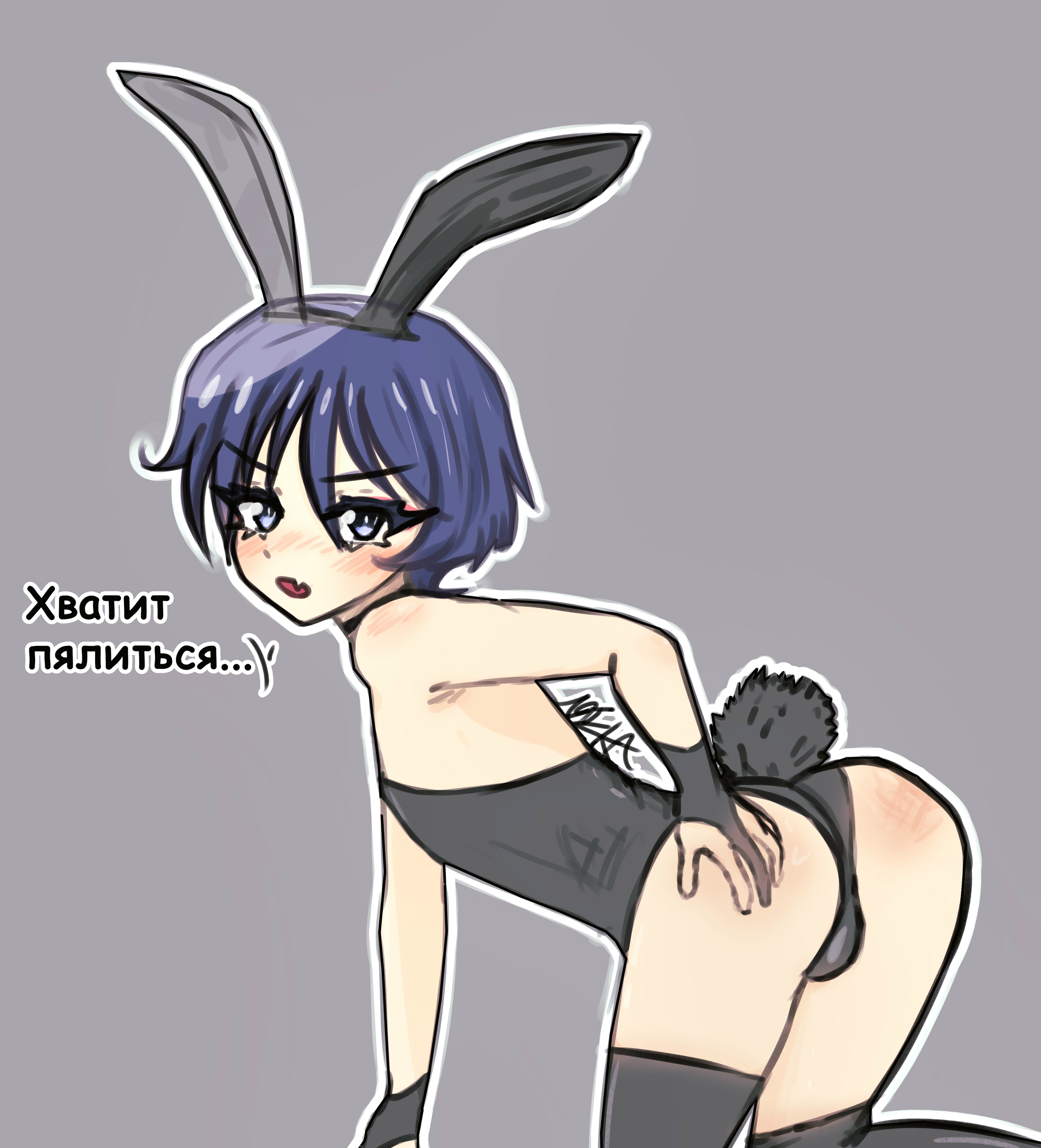 Из котика в зайку~ - Моё, Genshin Impact, Scaramouche (Genshin Impact), Bunny tail, Bunny Ears, Арт, Anime Art, Game Art, Чулки, Trap Art, Its a trap!, Anime Trap, Femboy, Игры, Этти