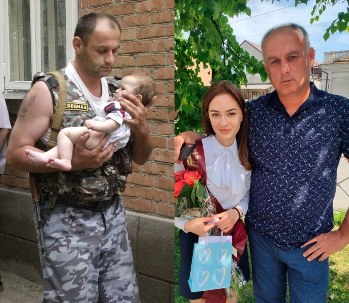 On the left is a photo from 2004 taken in Beslan. Elbrus Gogichayev is carrying a little girl, Alyona Tsakaeva, in his arms. - Negative, Beslan, North Ossetia Alania, The rescue, Tragedy, Children, School, Touching, Repeat