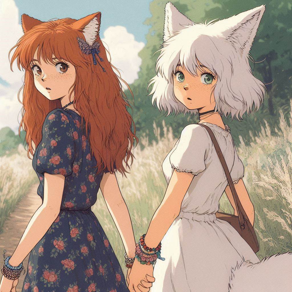 What's that there? - My, Art, Neural network art, Нейронные сети, Girls, Anime art, Anime, Original character, Kitsune, Animal ears, Tail, Hollow, Тайны, Ginger & White, Longpost