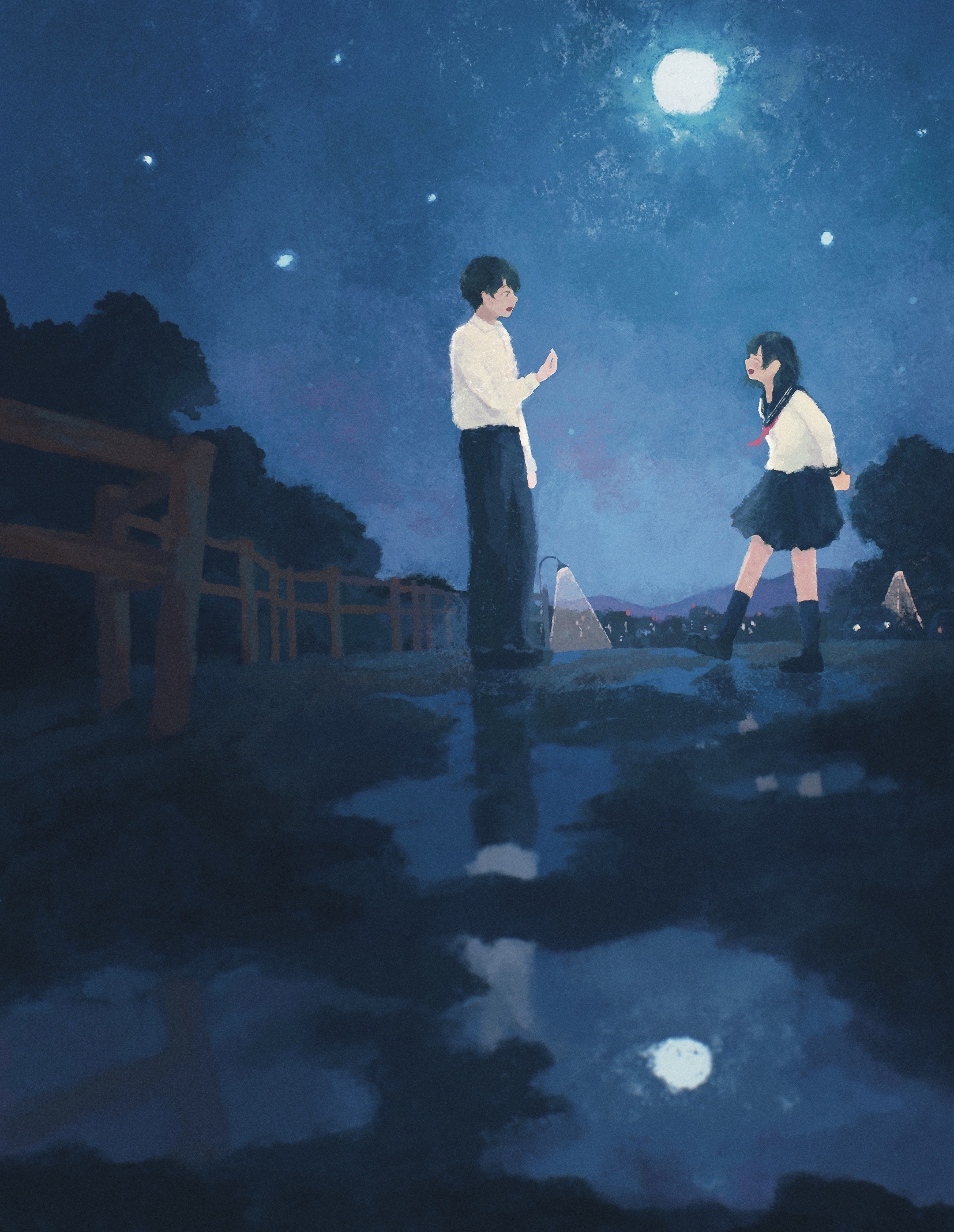 Poems in the Moonlight - Anime, Anime art, Original character, Pair, Night, moon