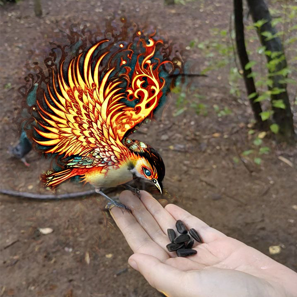 The Firebird eats seeds from the palm of your hand - My, Neural network art, Photoshop, Firebird, Stable diffusion